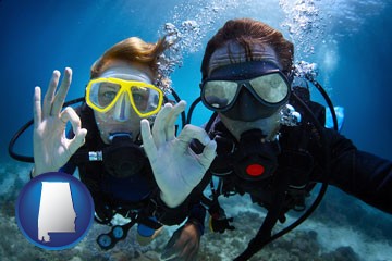 couple enjoying a scuba diving tour - with Alabama icon