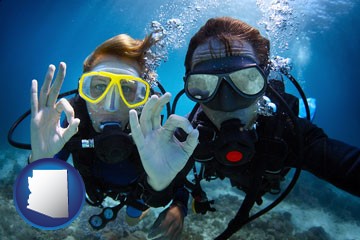 couple enjoying a scuba diving tour - with Arizona icon