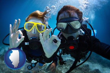couple enjoying a scuba diving tour - with Illinois icon
