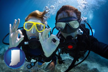 couple enjoying a scuba diving tour - with Indiana icon