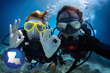couple enjoying a scuba diving tour - with Louisiana icon