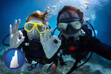 couple enjoying a scuba diving tour - with New Hampshire icon