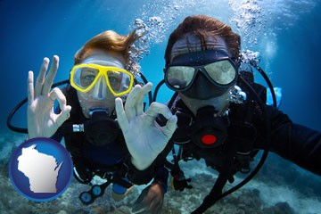 couple enjoying a scuba diving tour - with Wisconsin icon