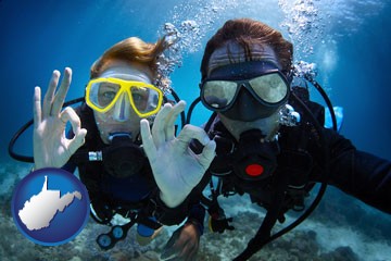 couple enjoying a scuba diving tour - with West Virginia icon